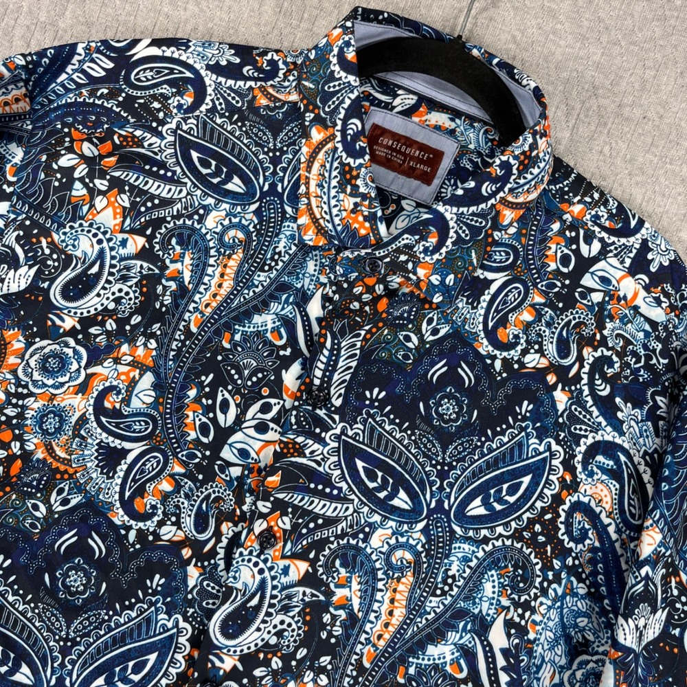 Consequence Button Down Shirt Mens XL Blue Orange Paisley floral Long Sleeve